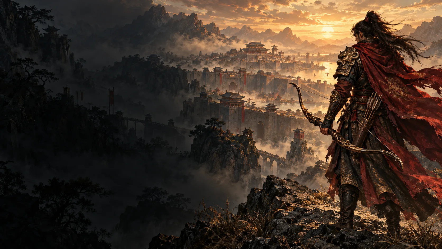 Illustrated archer overlooking a misty mountain city